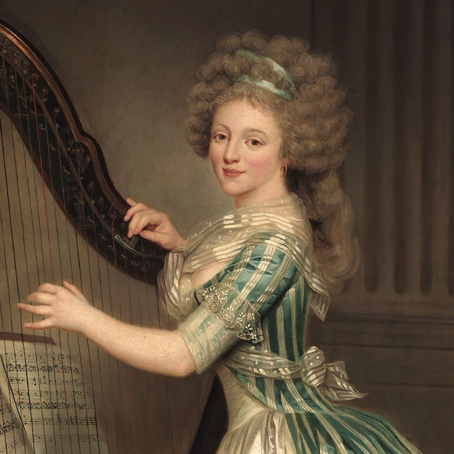 Portrait of a woman playing a harp in a classical setting