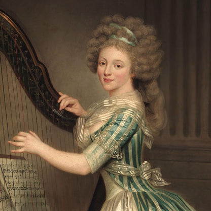 Portrait of a woman playing a harp in a classical setting
