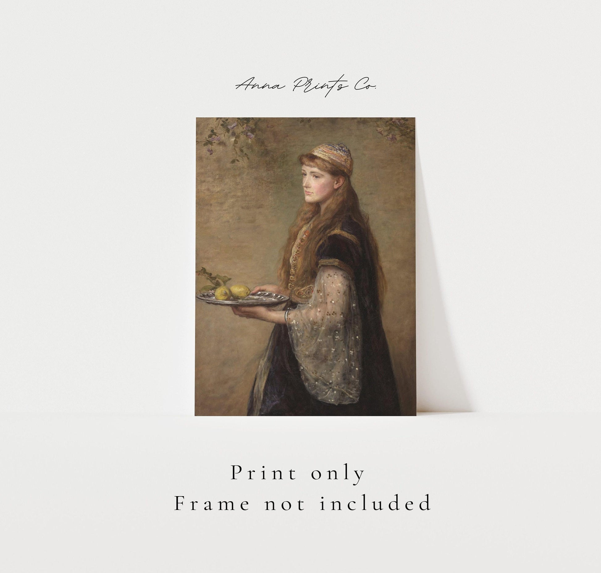 Vintage art print of The Captive Painting by Millais with text overlay stating frame not included