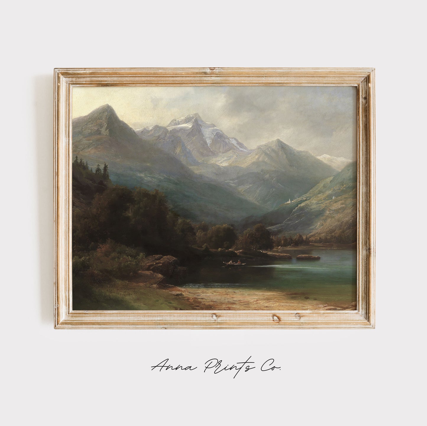 Vintage art print of Rustic Nature Mountain Landscape displayed in wooden frame