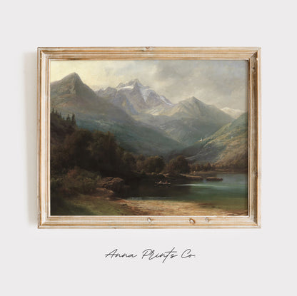 Vintage art print of Rustic Nature Mountain Landscape displayed in wooden frame