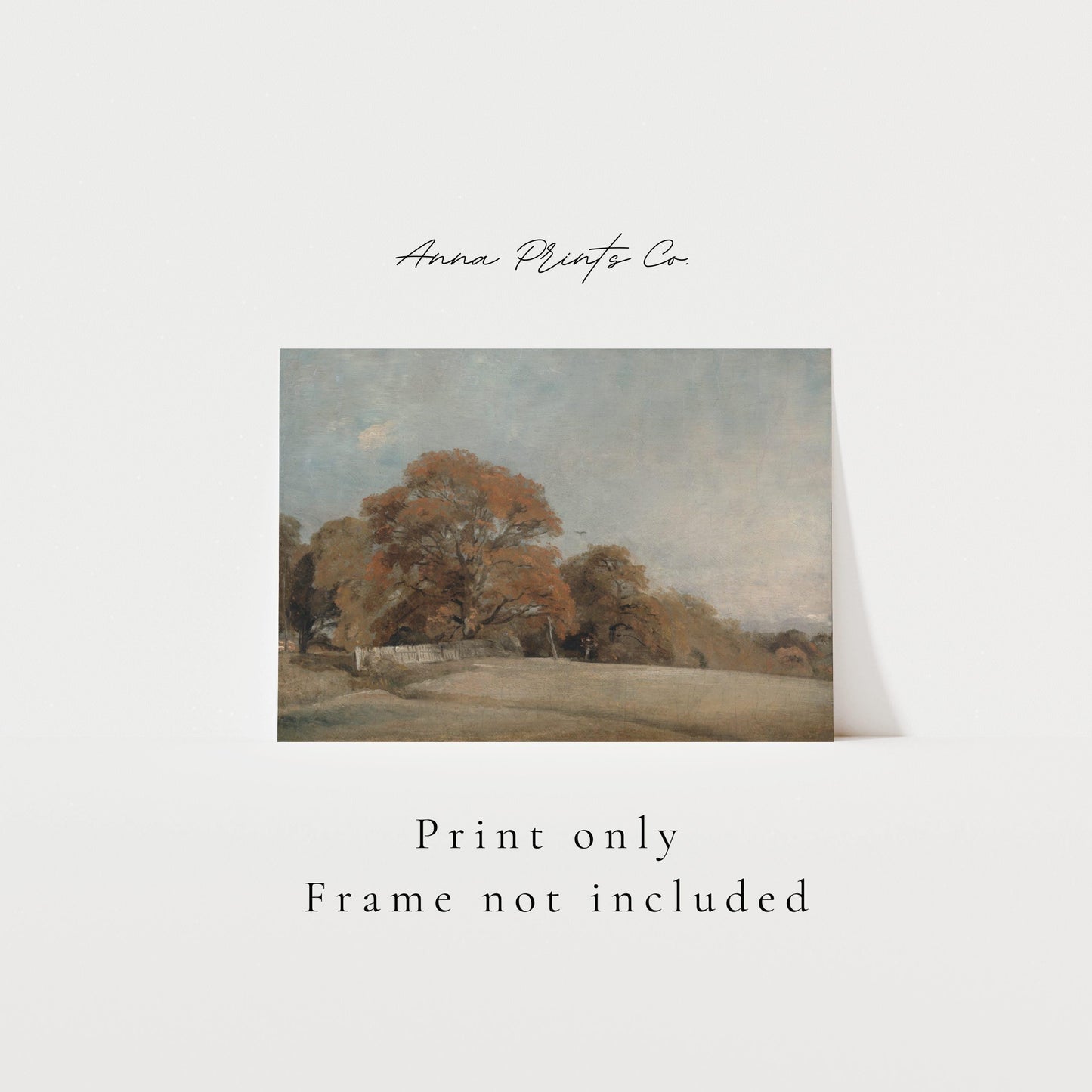 Vintage art print of Autumnal Landscape Fall Artwork with text overlay stating frame not included