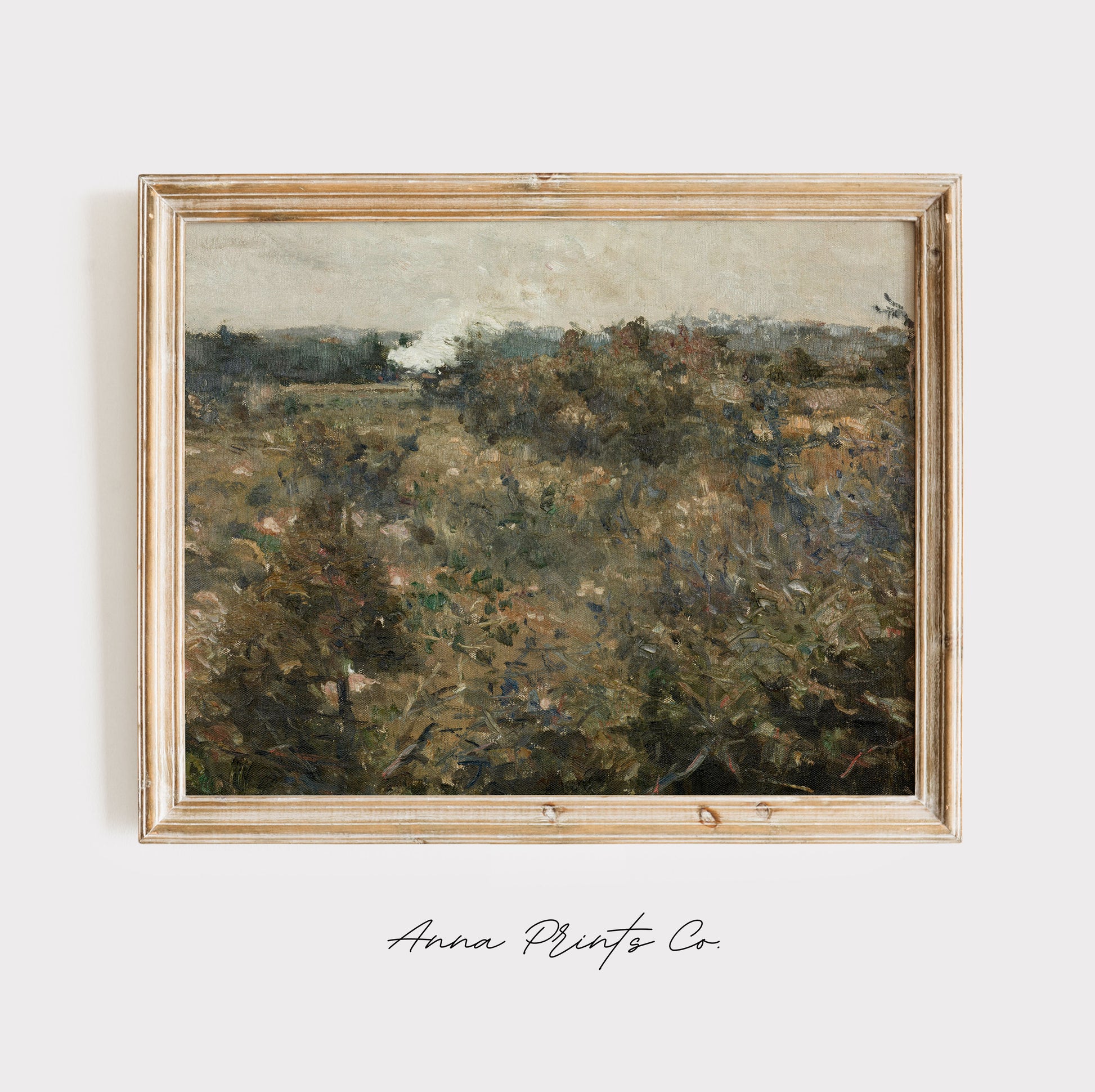 Vintage art print of Landscape Green Country Scenery displayed in wooden frame