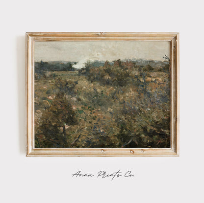 Vintage art print of Landscape Green Country Scenery displayed in wooden frame
