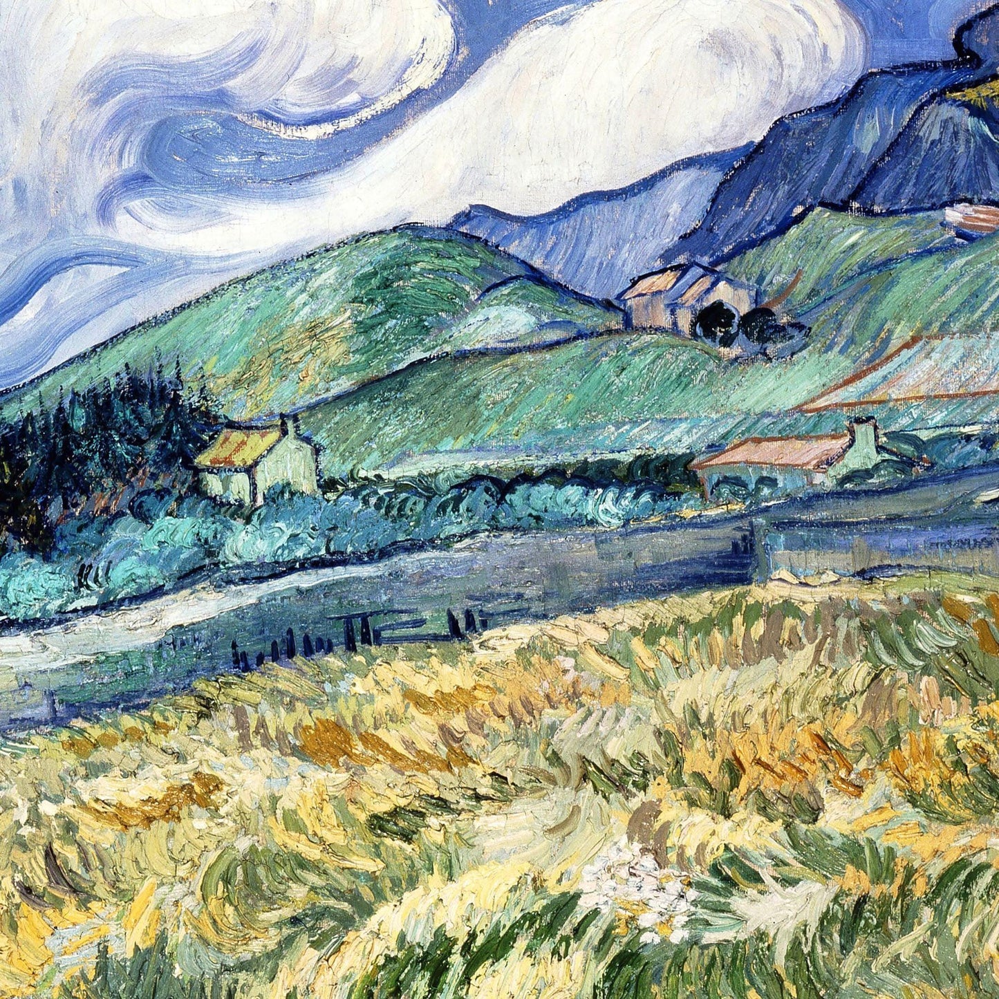 Painting of a landscape with green hills, blue sky, and yellow field.