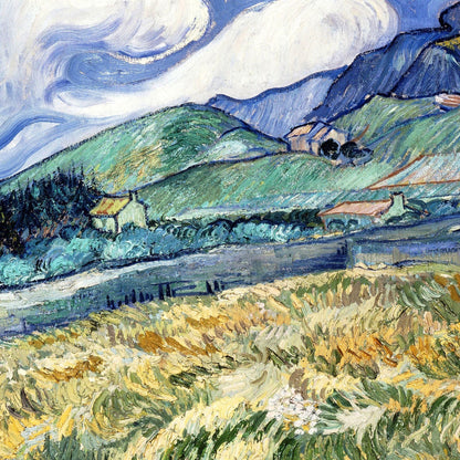 Painting of a landscape with green hills, blue sky, and yellow field.