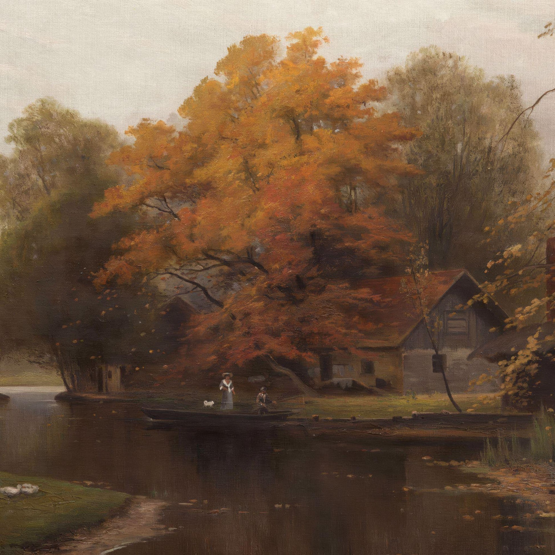 Painting of a serene autumn scene with a house, trees, and a boat on a lake.