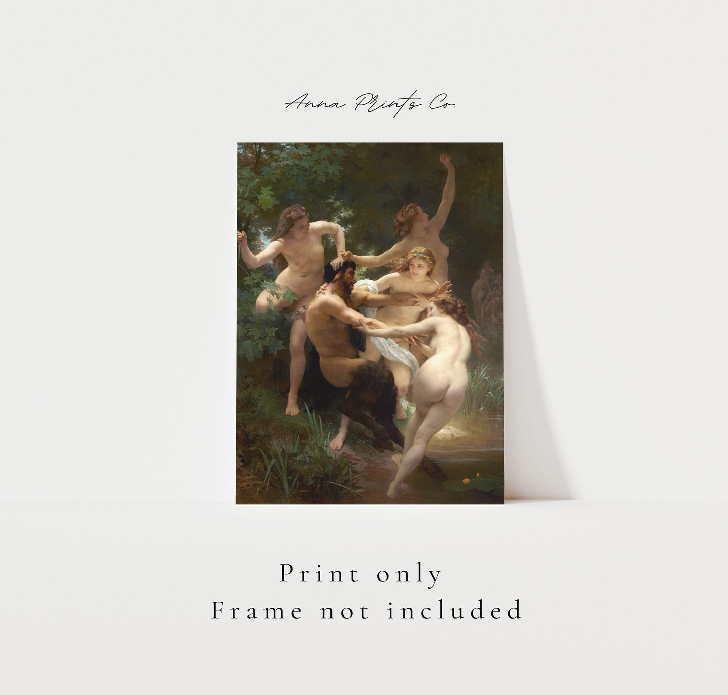 Vintage art print of Nymphs and Satyr by Bouguereau with text overlay stating frame not included