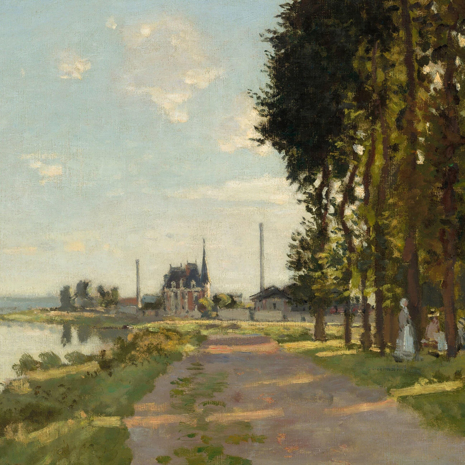 Painting of a landscape with trees, path, and distant buildings.