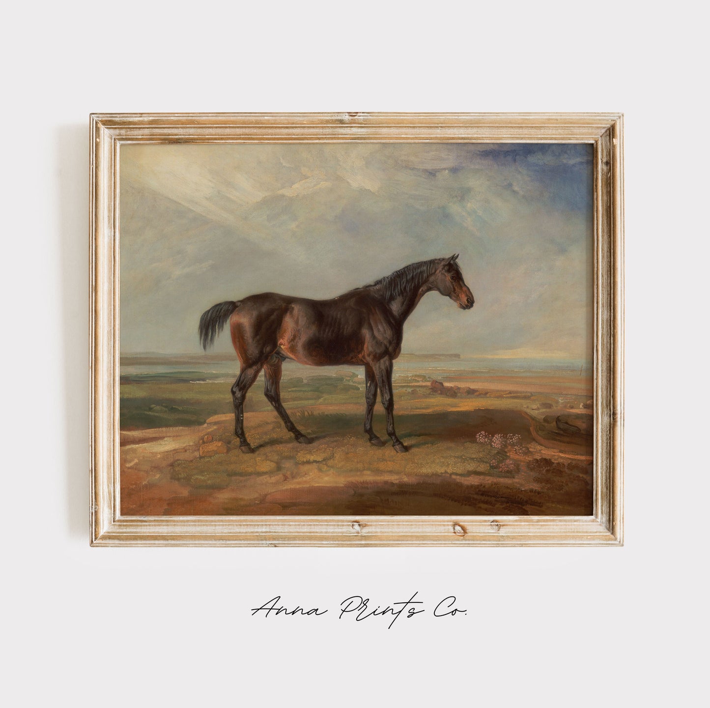 Vintage art print of Bay Horse in Landscape Painting displayed in wooden frame