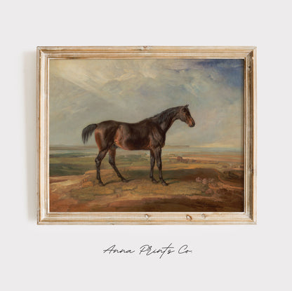 Vintage art print of Bay Horse in Landscape Painting displayed in wooden frame