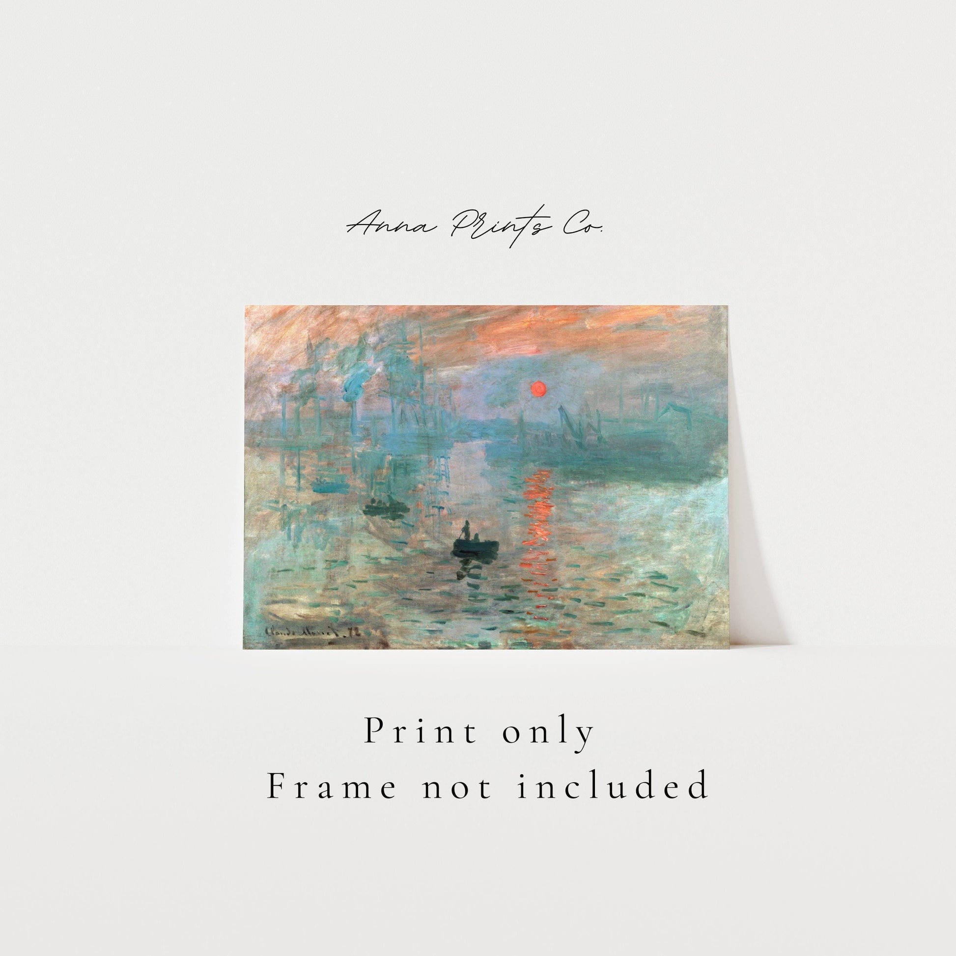 Vintage art print of Impression, Sunrise by Monet with text overlay stating frame not included