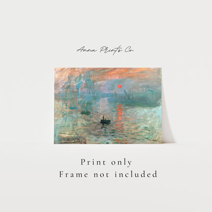 Vintage art print of Impression, Sunrise by Monet with text overlay stating frame not included