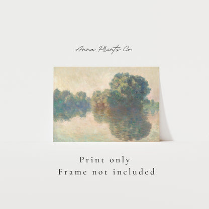 Vintage art print of The Seine at Giverny by Monet with text overlay stating frame not included