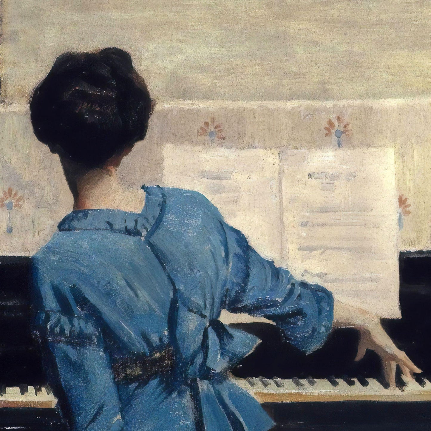 Woman in a blue dress playing a piano with sheet music.