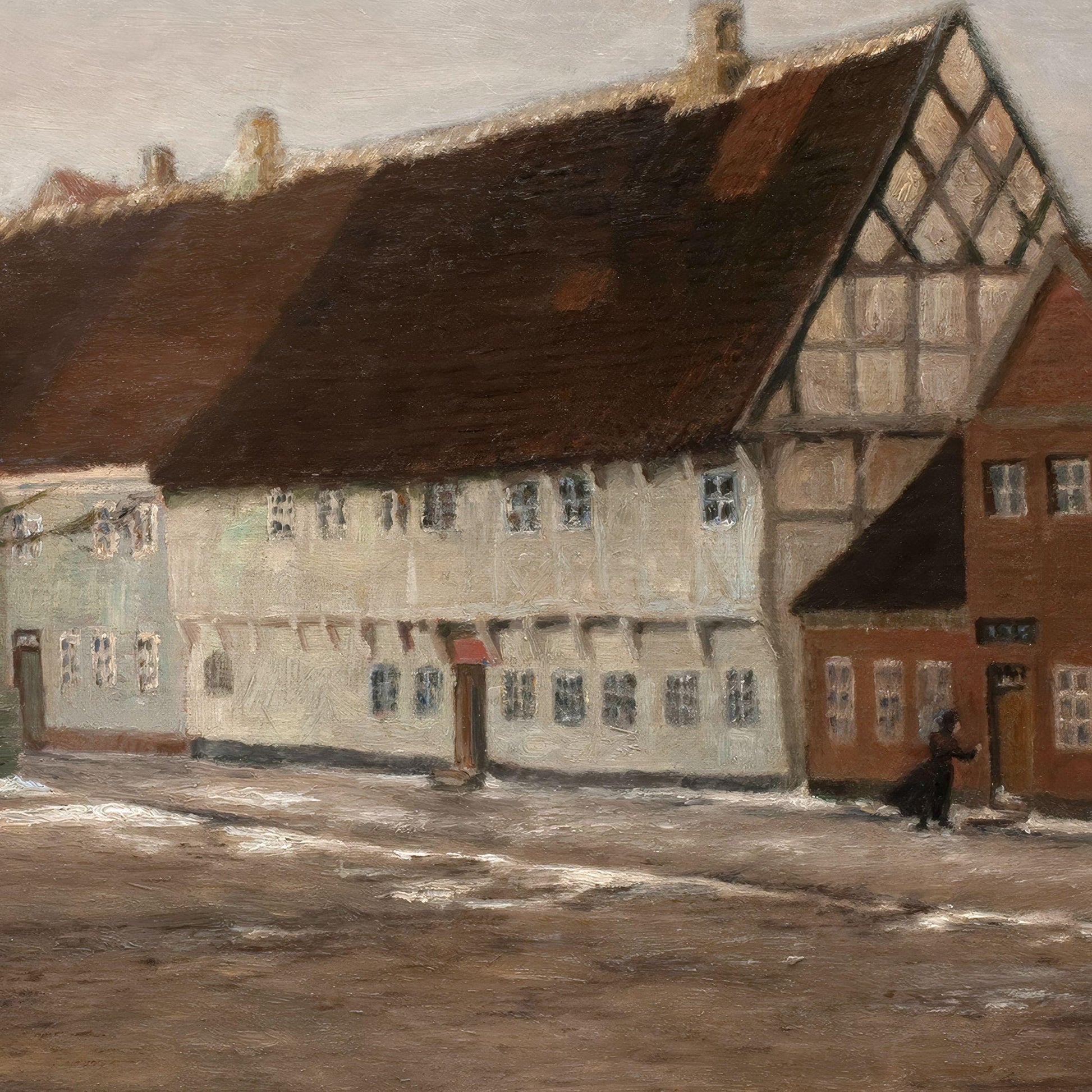 Painting of a street scene with traditional houses and a person walking.