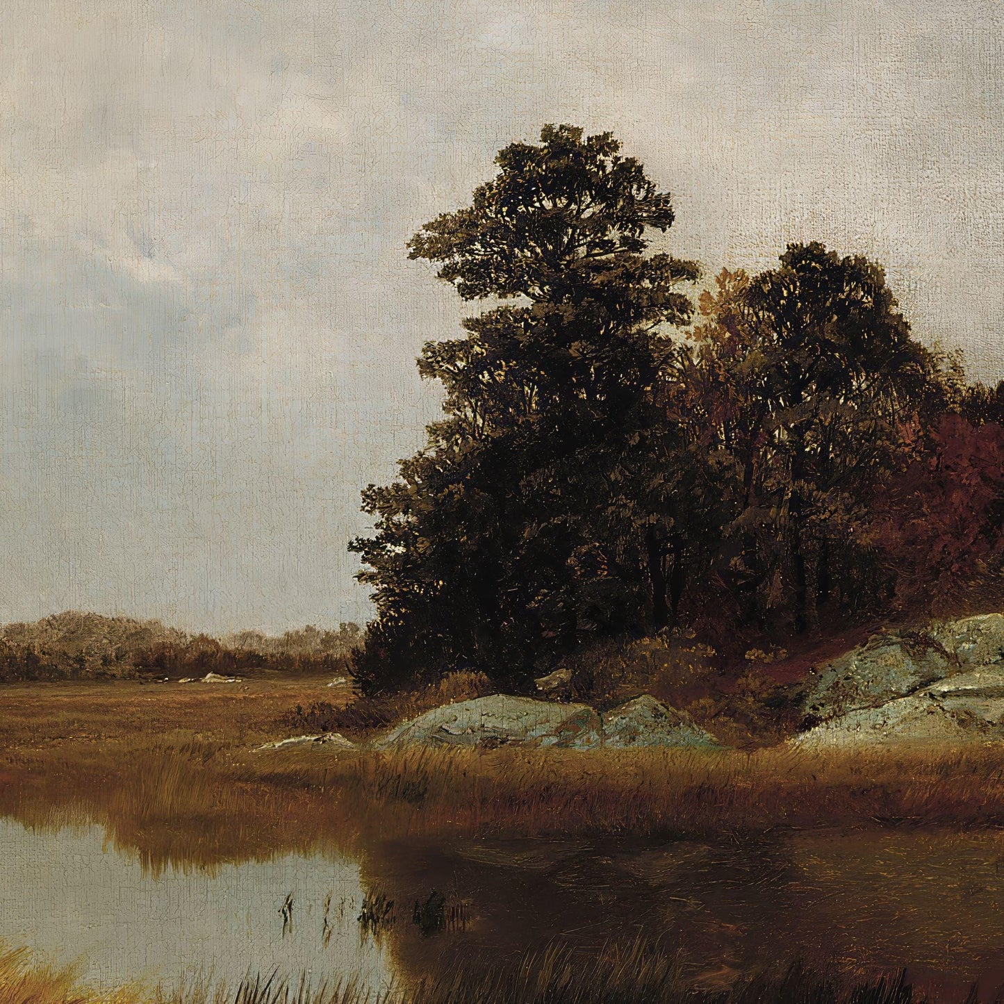 Landscape painting of trees by a lake with a textured background