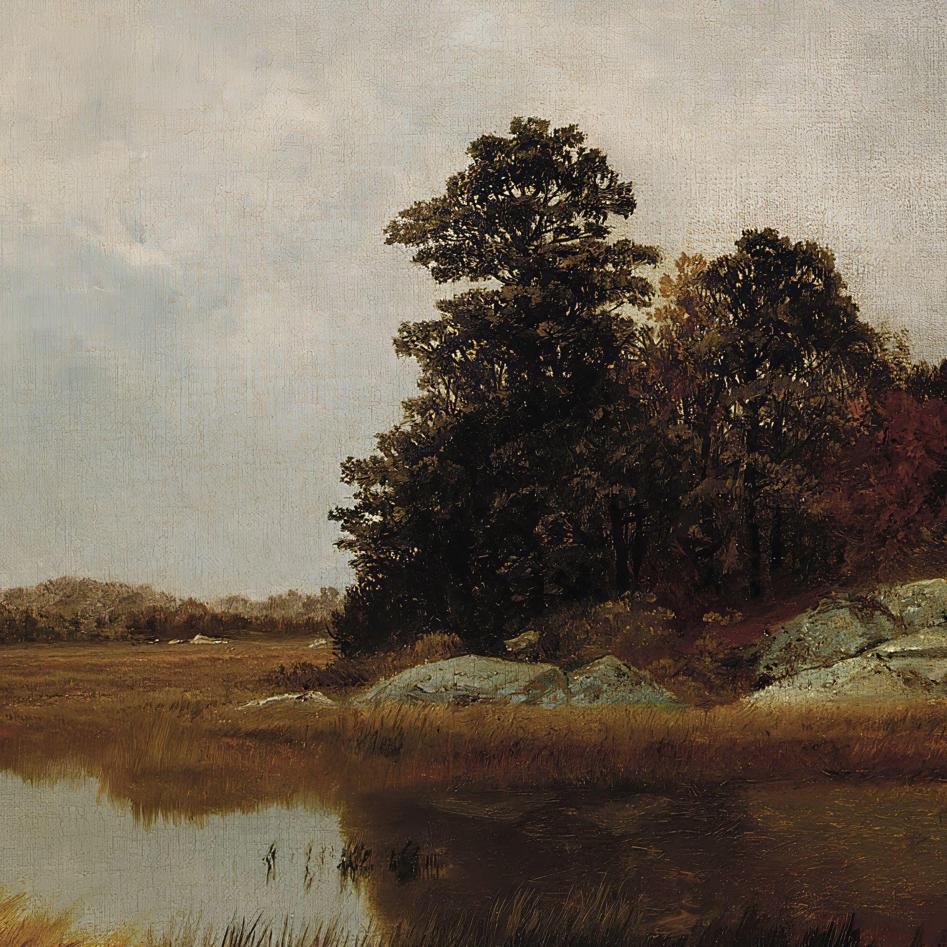 Landscape painting of trees by a lake with a textured background