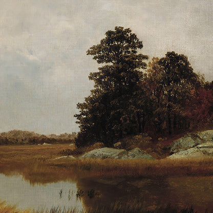 Landscape painting of trees by a lake with a textured background