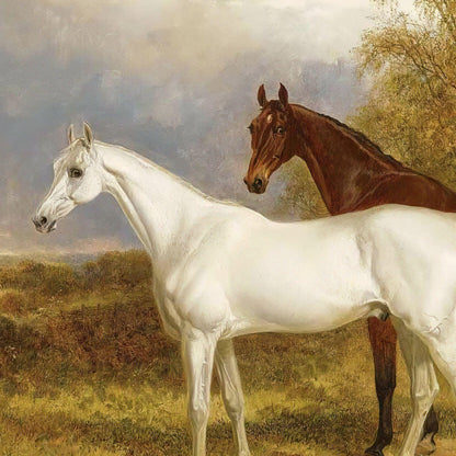 Two horses, one white and one brown, standing in a pastoral landscape.