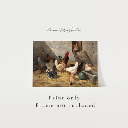Vintage art print of The Hen-Roost Farm Painting with text overlay stating frame not included