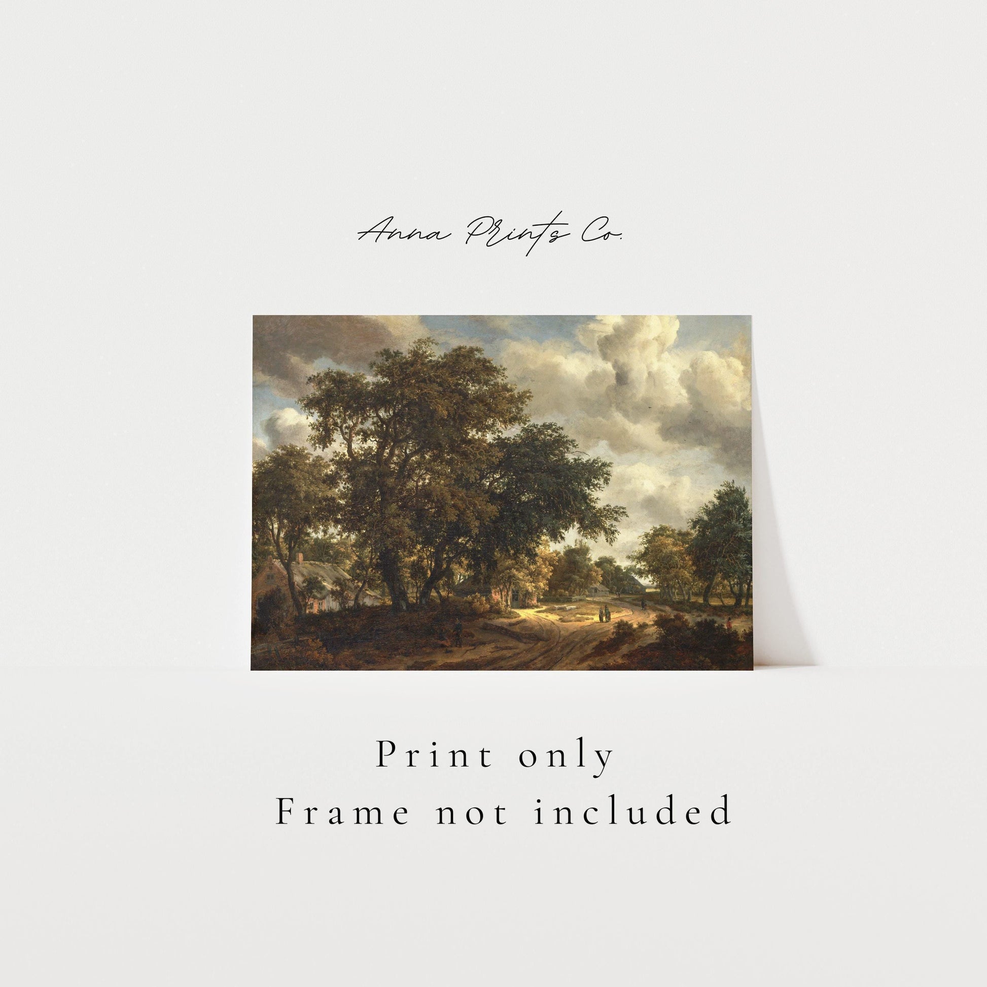 Vintage art print of Moody 17th Century Landscape with text overlay stating frame not included