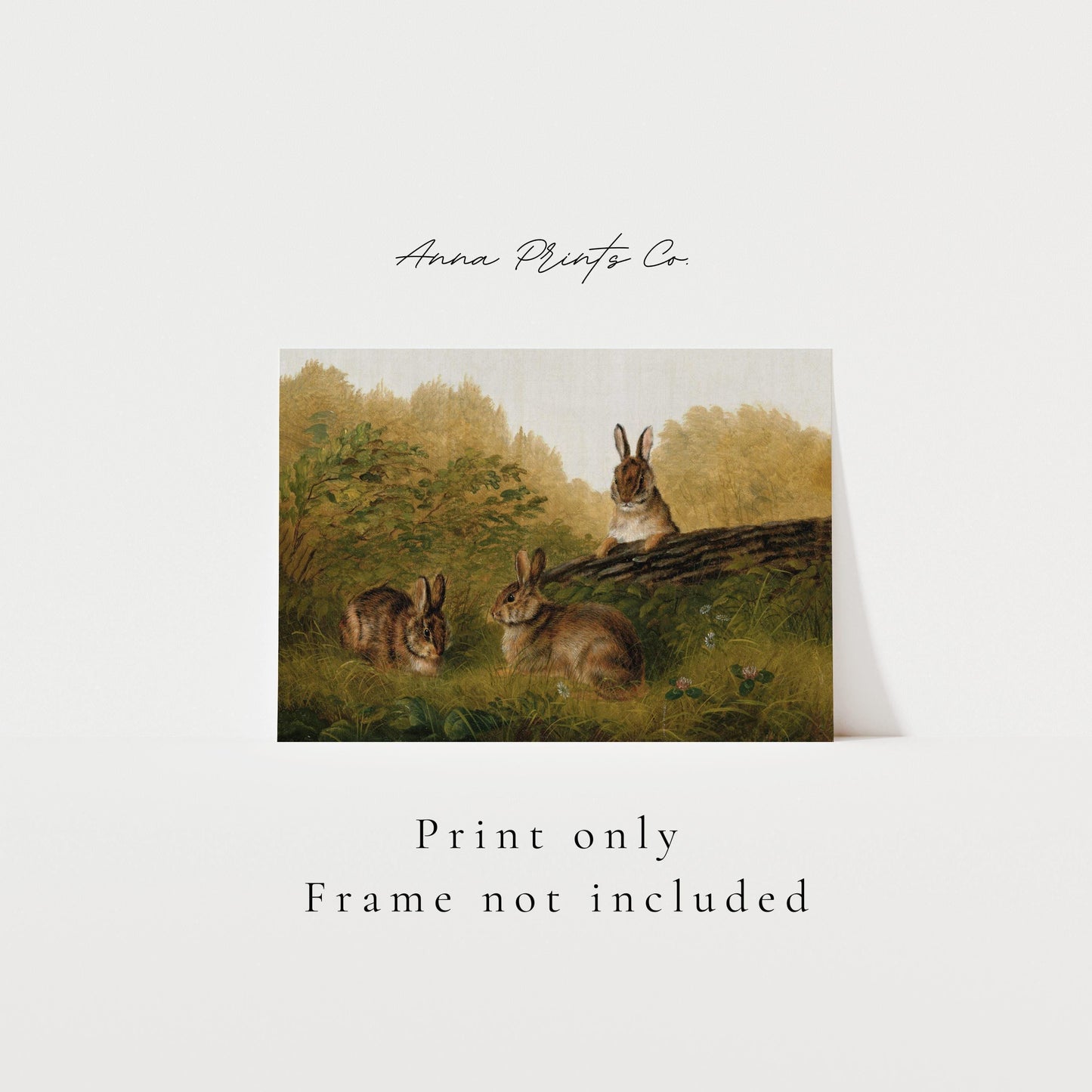 Vintage art print of Rabbits on a Log Animal Painting with text overlay stating frame not included