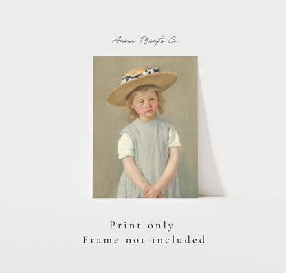 Vintage art print of Child in a Straw Hat by Cassatt with text overlay stating frame not included