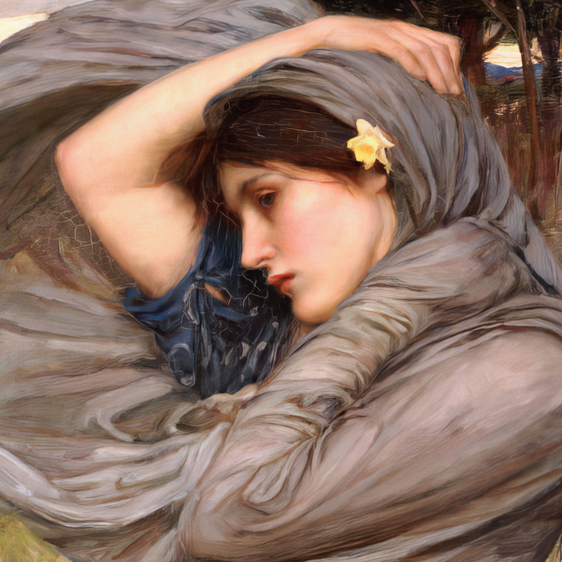 Artistic depiction of a woman with flowing hair and a flower in her hair, set against a natural background.