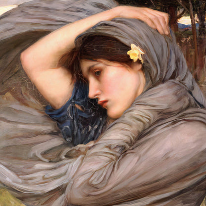 Artistic depiction of a woman with flowing hair and a flower in her hair, set against a natural background.