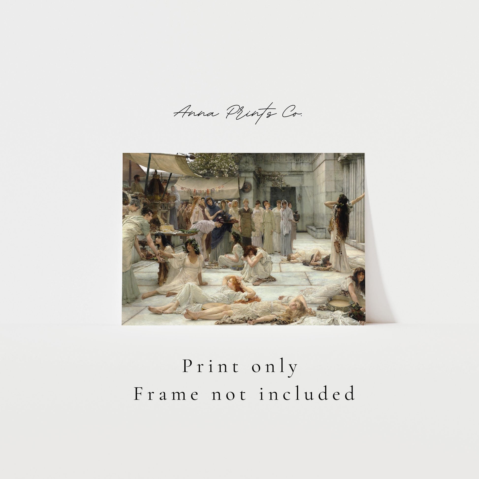 Vintage art print of The Women of Amphissa Painting with text overlay stating frame not included