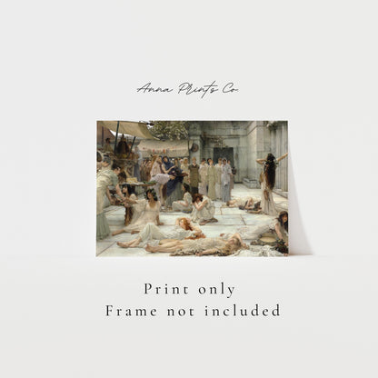 Vintage art print of The Women of Amphissa Painting with text overlay stating frame not included