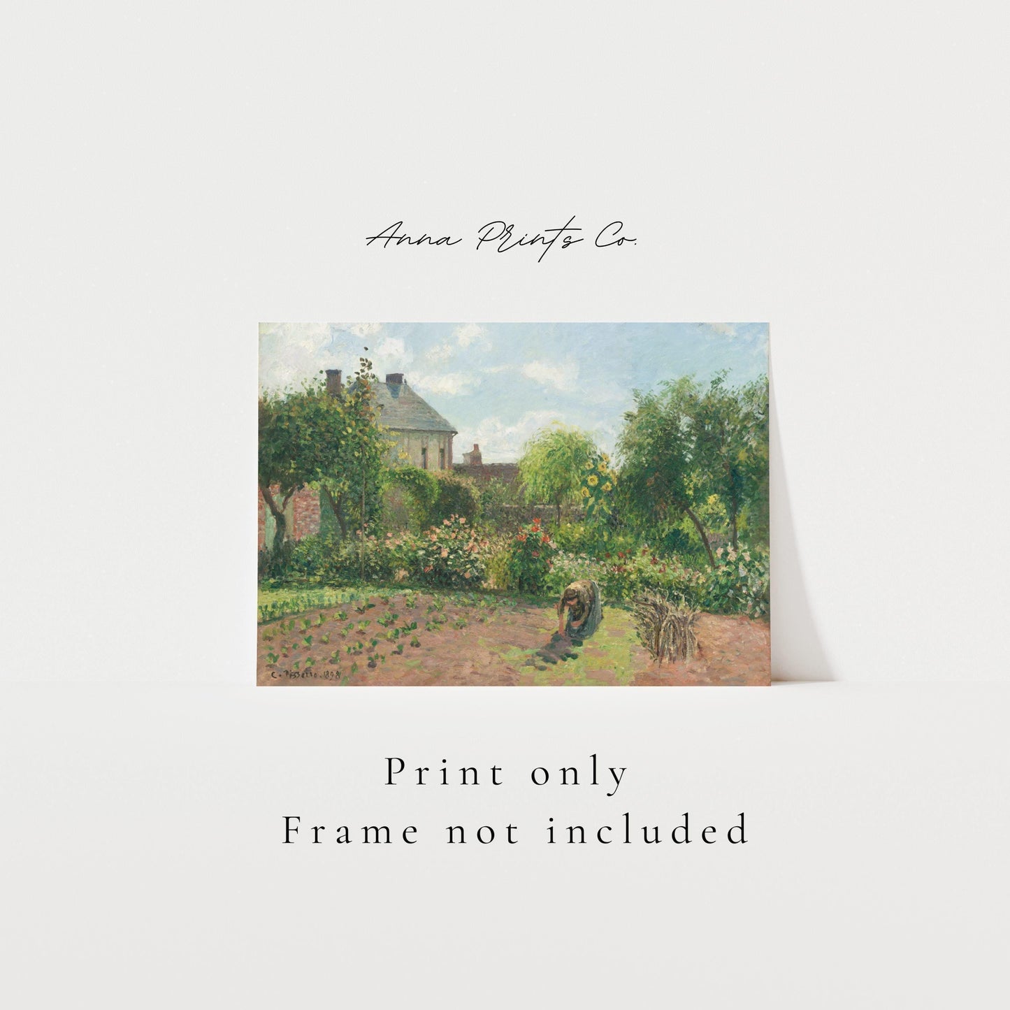 Vintage art print of The Artist's Garden by Pissarro with text overlay stating frame not included