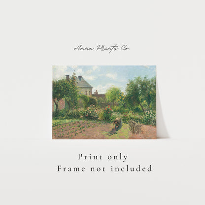 Vintage art print of The Artist's Garden by Pissarro with text overlay stating frame not included