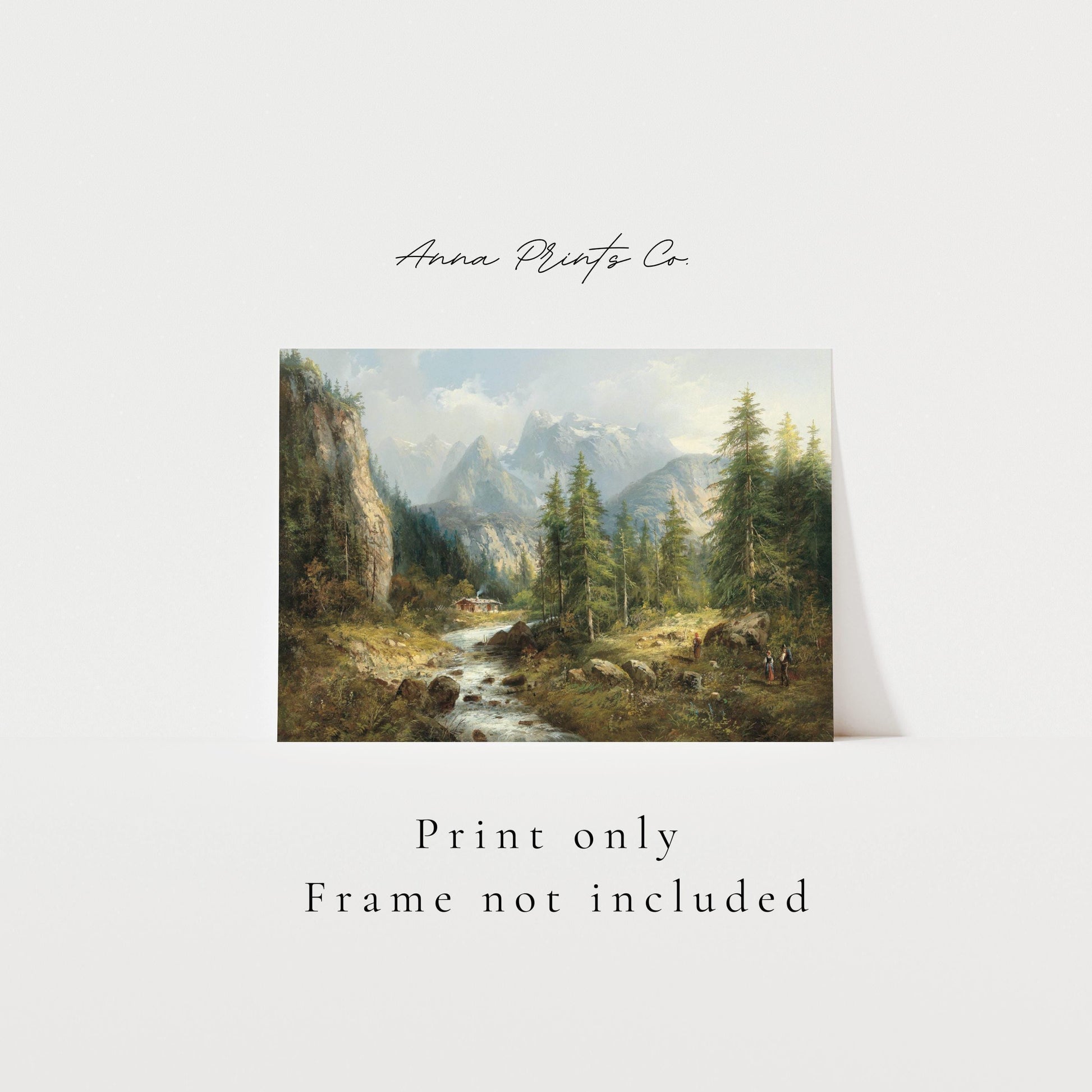 Vintage art print of Mountain Landscape Rustic Painting with text overlay stating frame not included
