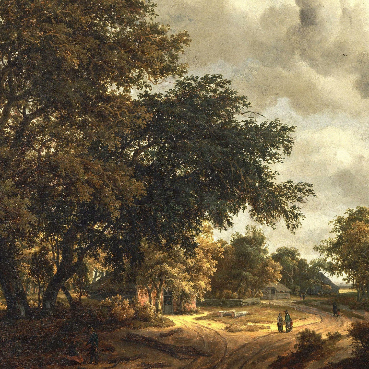 Painting of a rural landscape with trees, a path, and people in the distance.