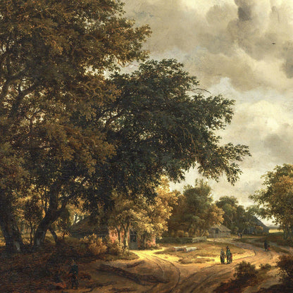 Painting of a rural landscape with trees, a path, and people in the distance.