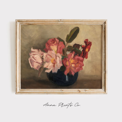 Vintage art print of Floral Still Life Antique Painting displayed in wooden frame