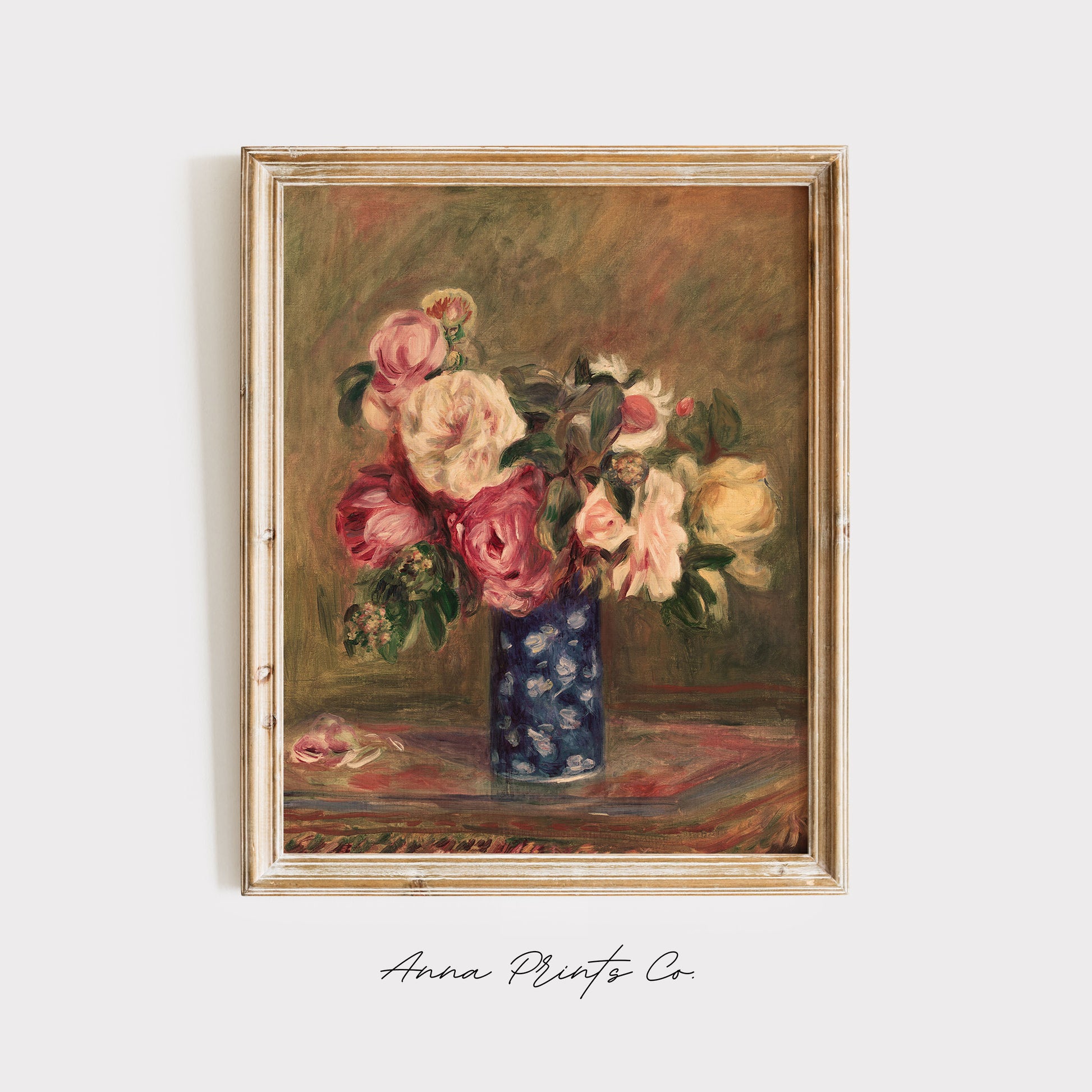 Vintage art print of Bouquet of Roses by Renoir Painting displayed in wooden frame