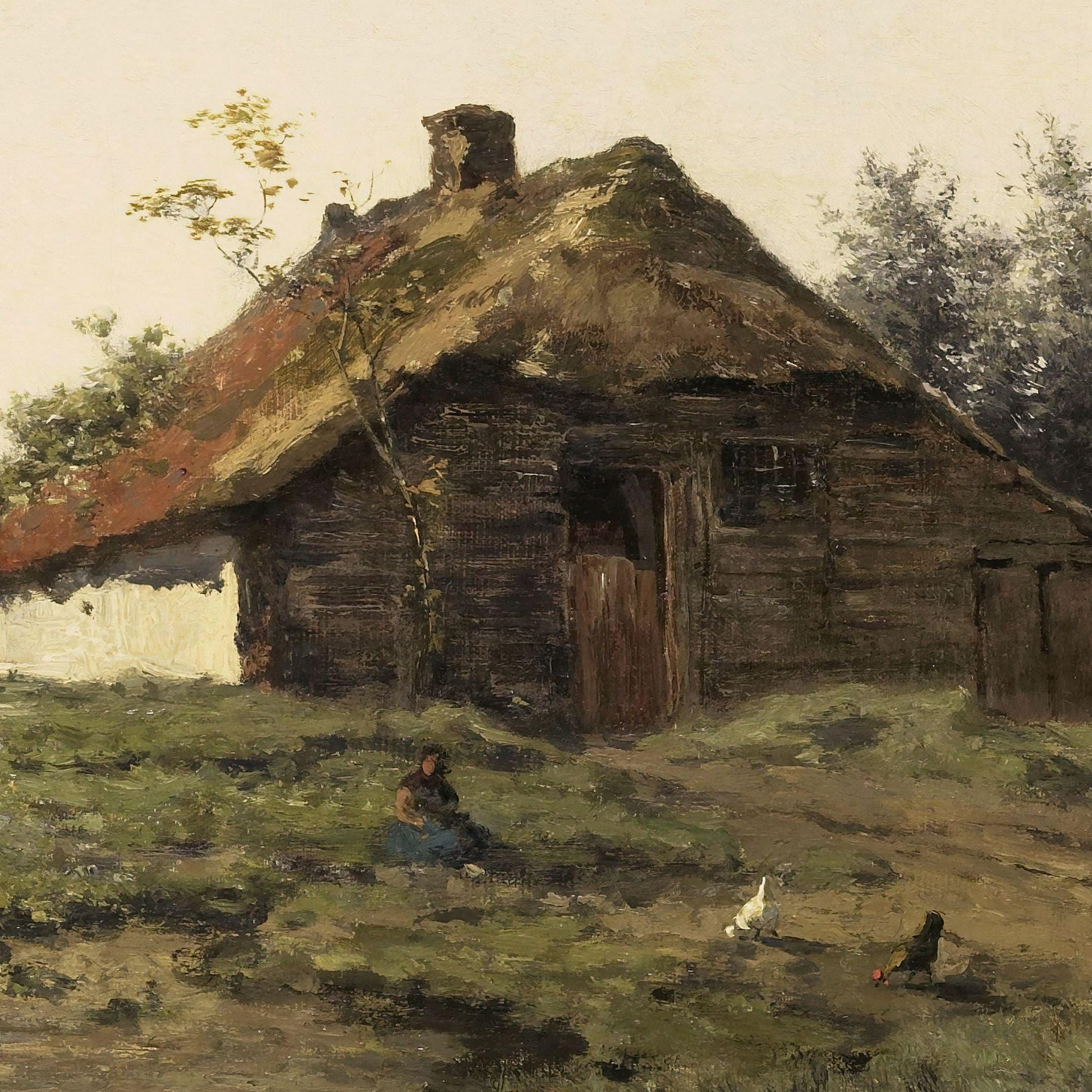Painting of a thatched cottage with people and a dog in a rural setting