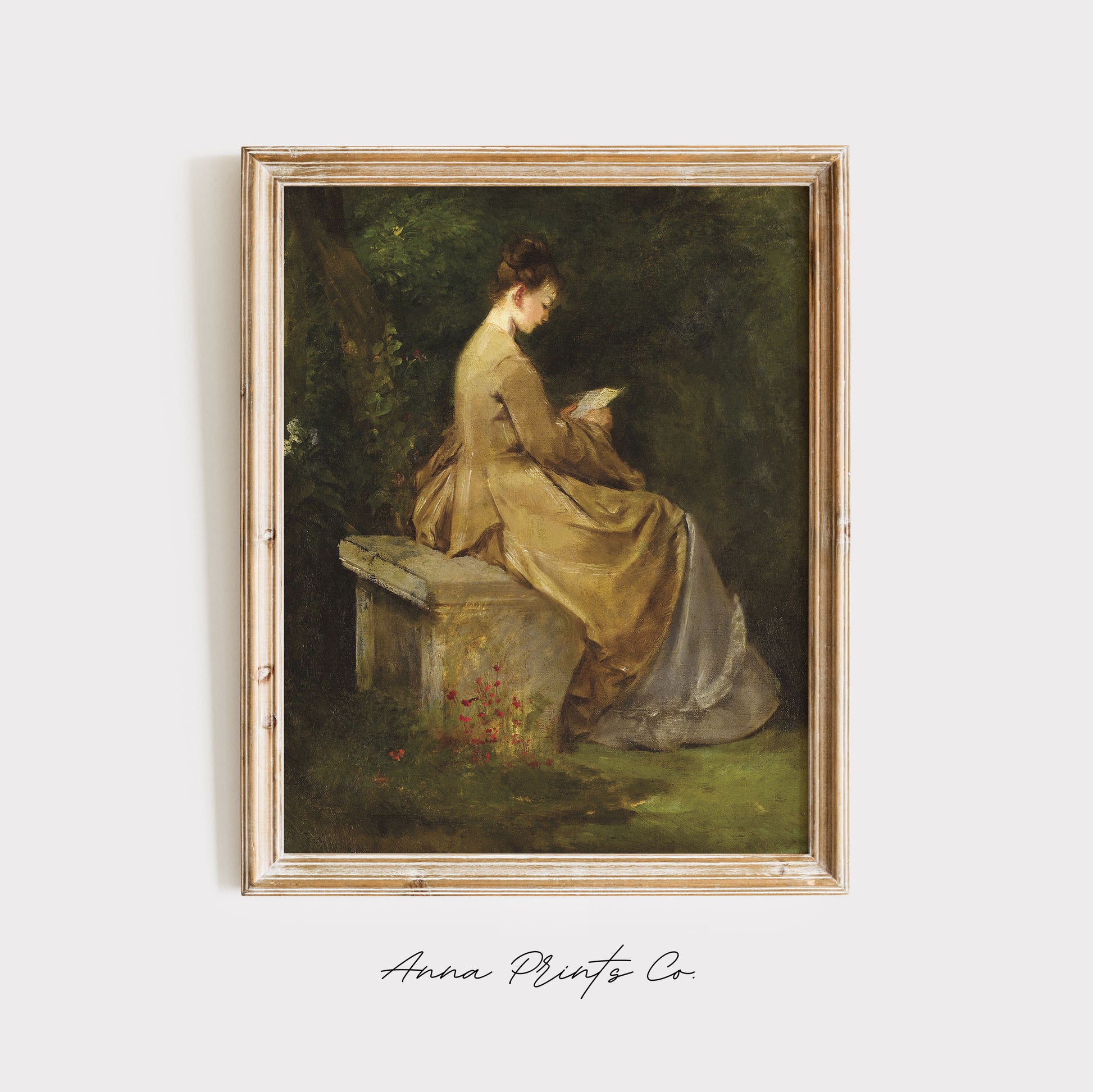 Vintage art print of Lady Reading Portrait Painting displayed in wooden frame