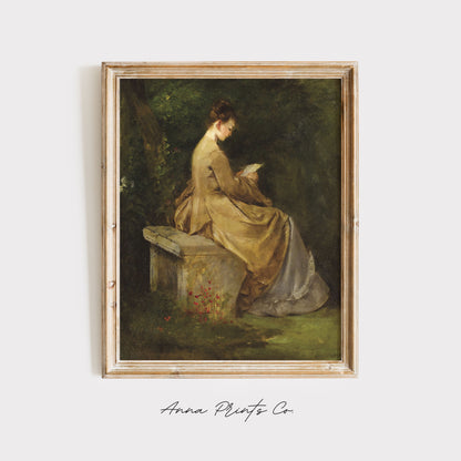 Vintage art print of Lady Reading Portrait Painting displayed in wooden frame