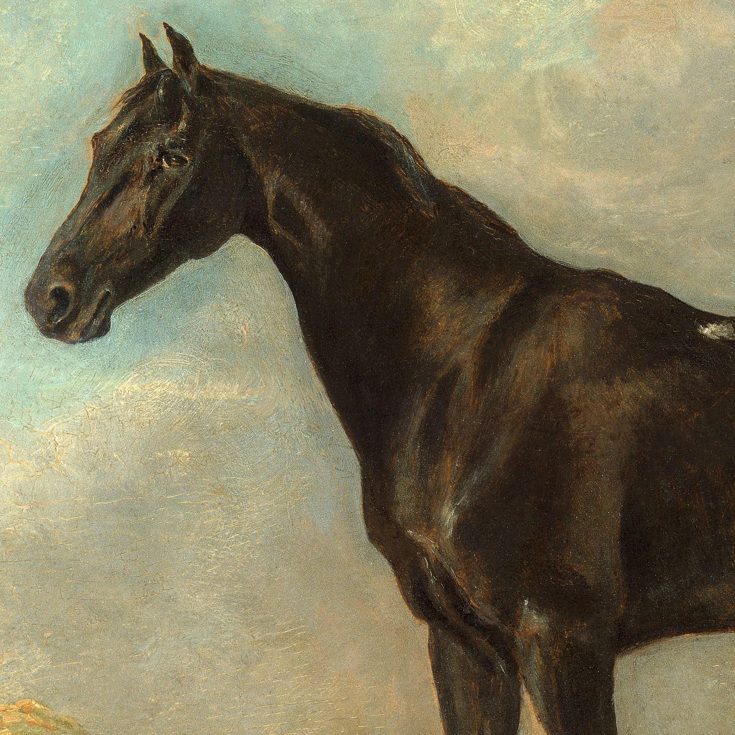 Painting of a dark brown horse against a light blue sky