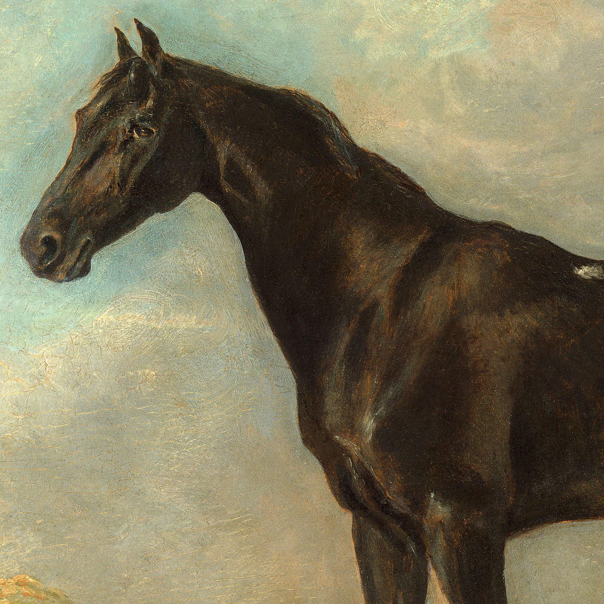 Painting of a dark brown horse against a light blue sky