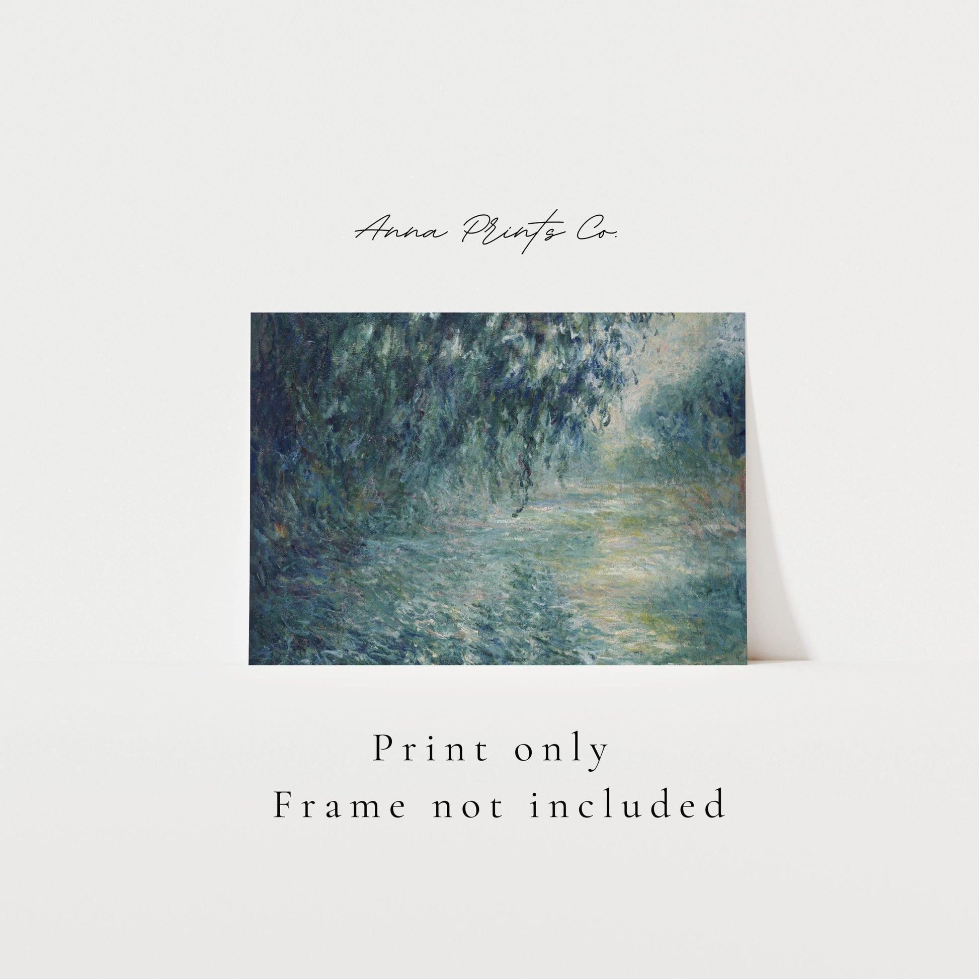 Vintage art print of Morning on the Seine by Monet with text overlay stating frame not included