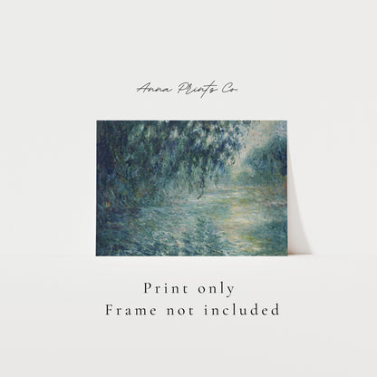 Vintage art print of Morning on the Seine by Monet with text overlay stating frame not included