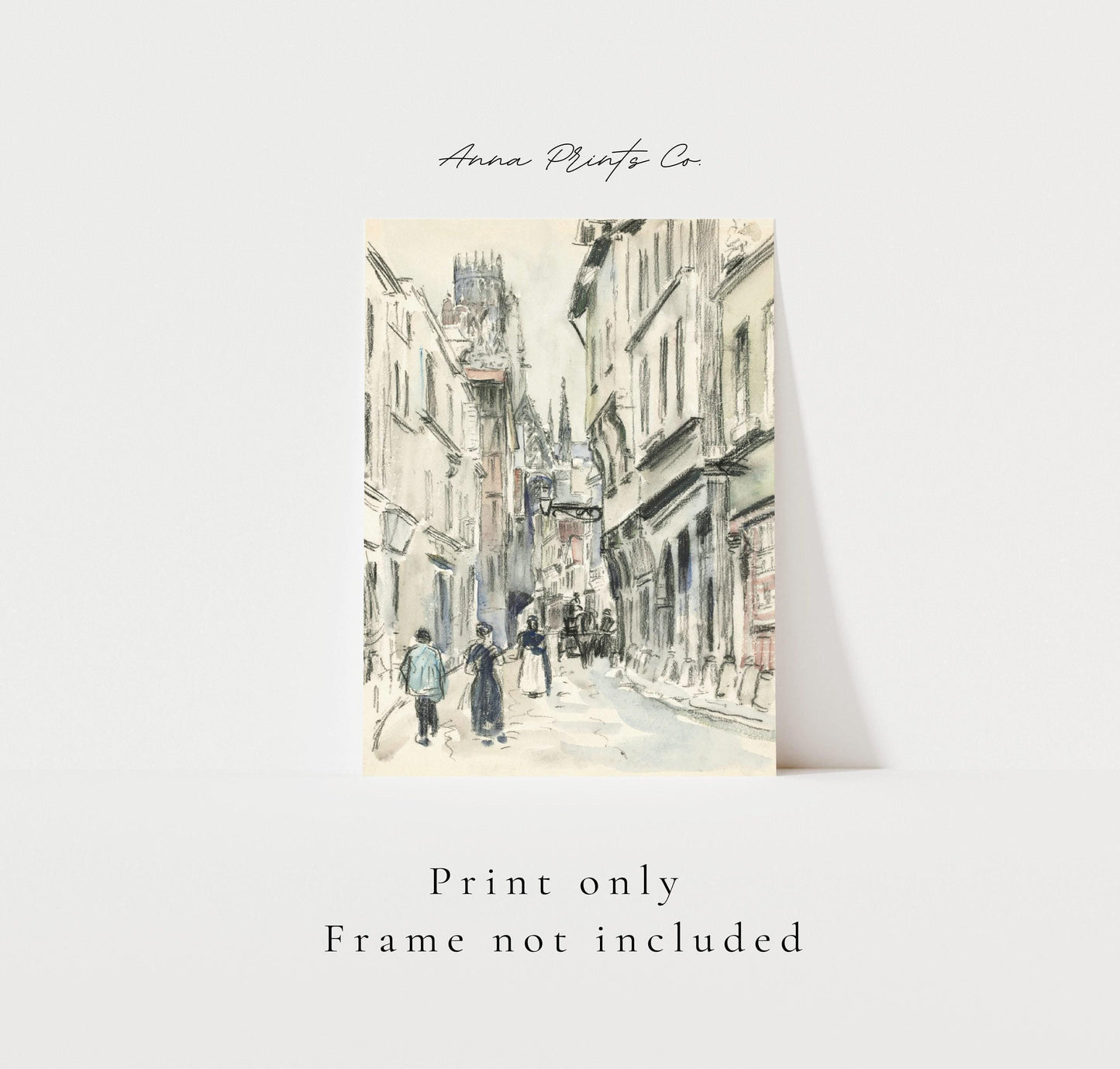 Vintage art print of Rue Damiette, Rouen by Pissarro with text overlay stating frame not included