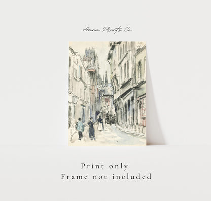 Vintage art print of Rue Damiette, Rouen by Pissarro with text overlay stating frame not included