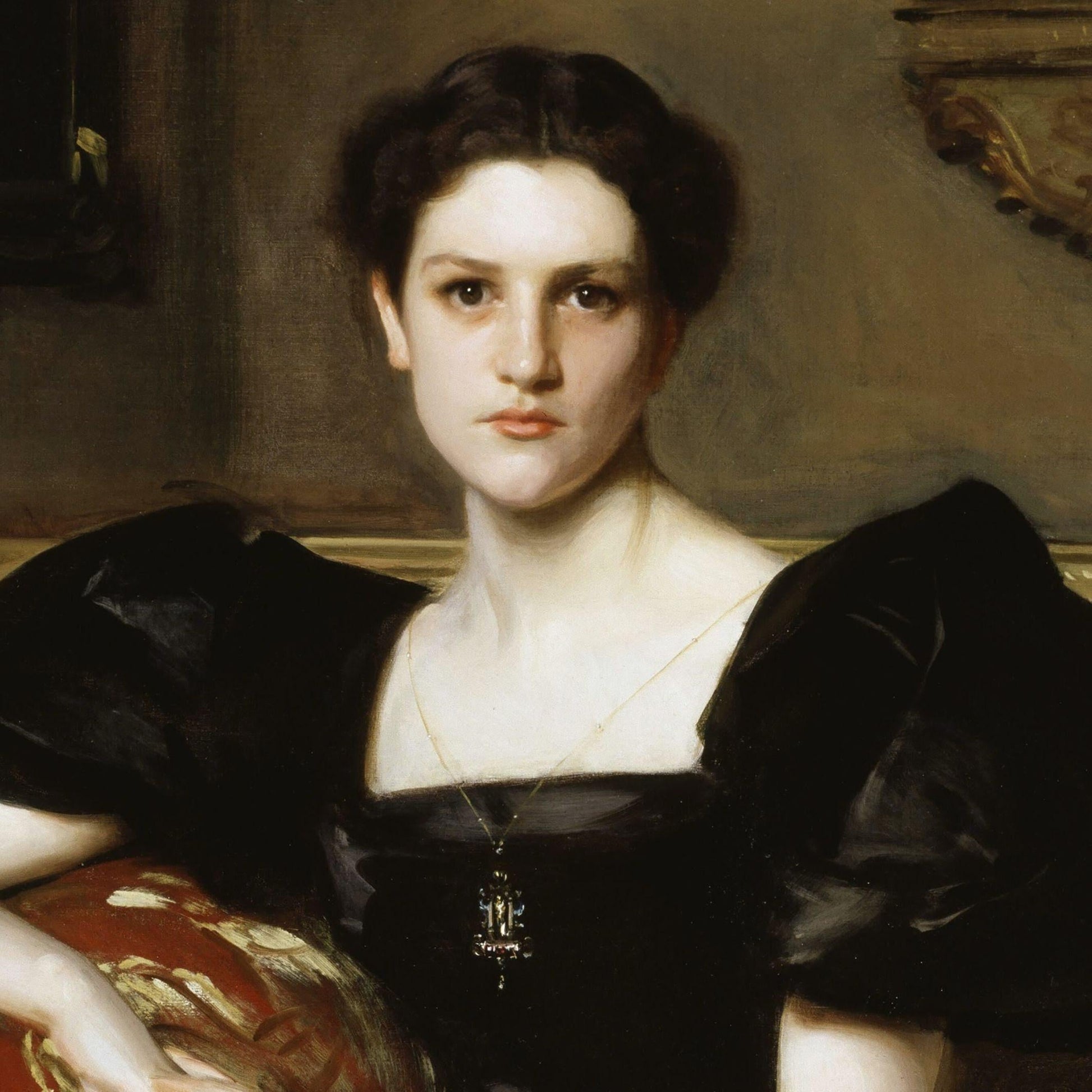 Portrait of a woman in a black dress with a decorative background