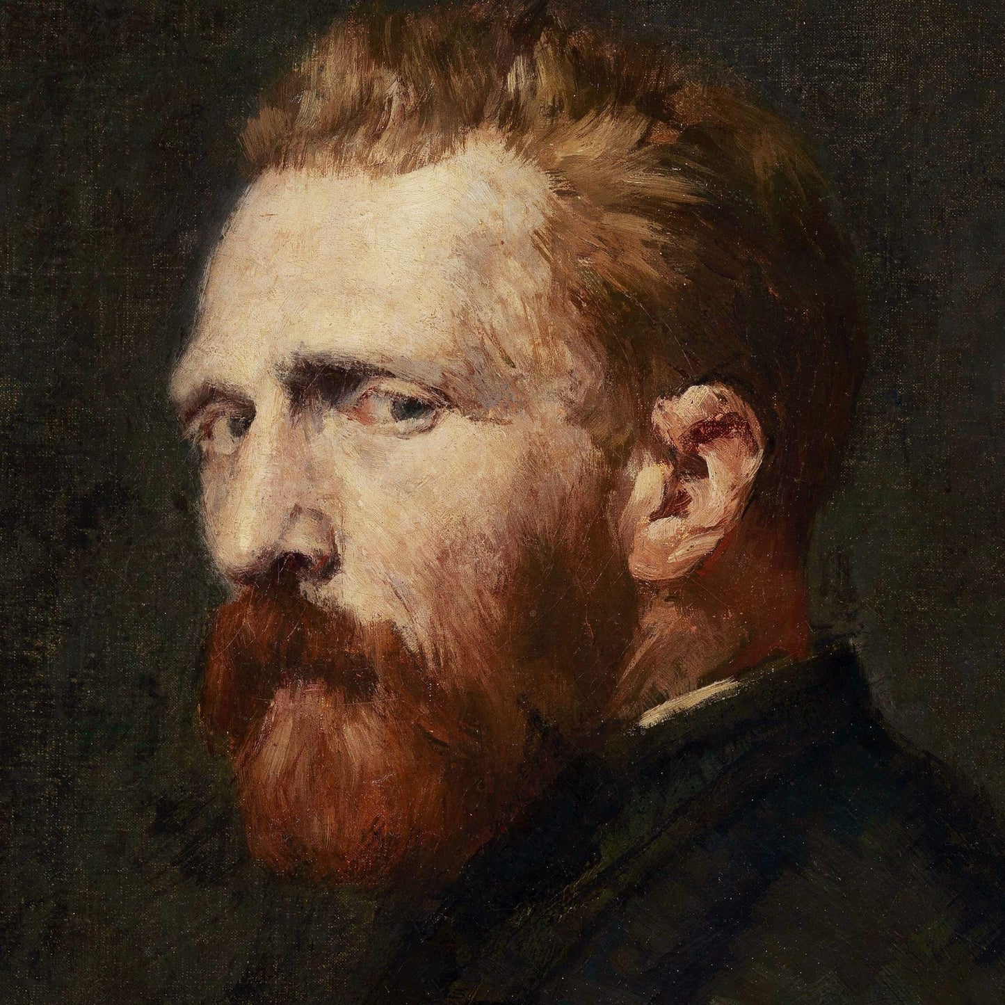 Portion of a painting showing a man with a beard and dark hair against a dark background